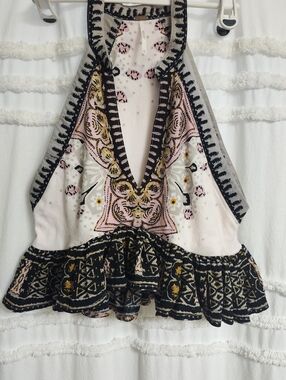 Free People, Boho Embroidered Pink & Black Ruffled Halter Top. Quite Firm $.